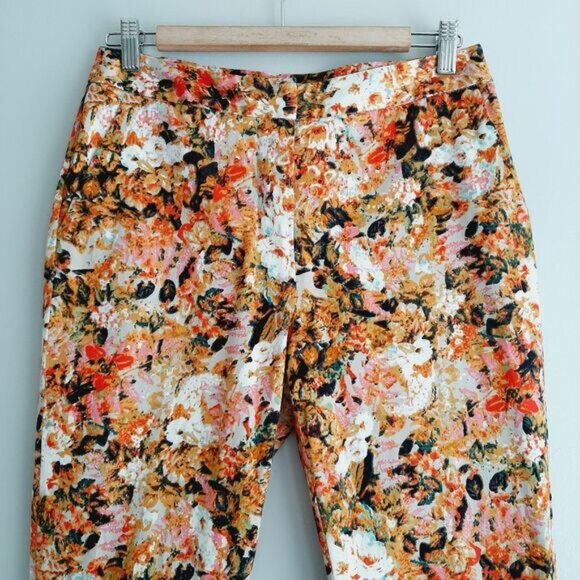 LINEA DOMANI / Crop Ankle Pants Abstract Multicolor Floral Tan Red Pink White 4 - Picture 2 of 15